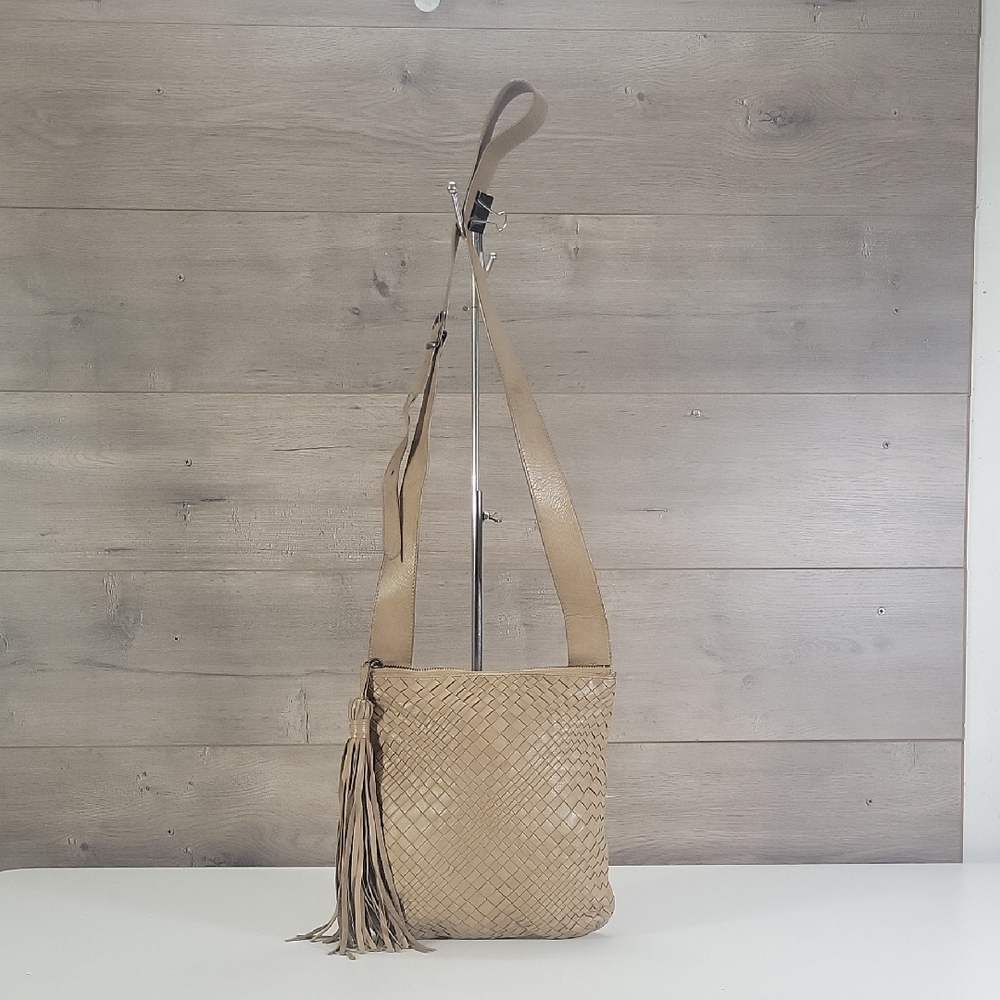 Jennifer Tattanelli Light Brown Woven Leather Crossbody Bag with Tassel
